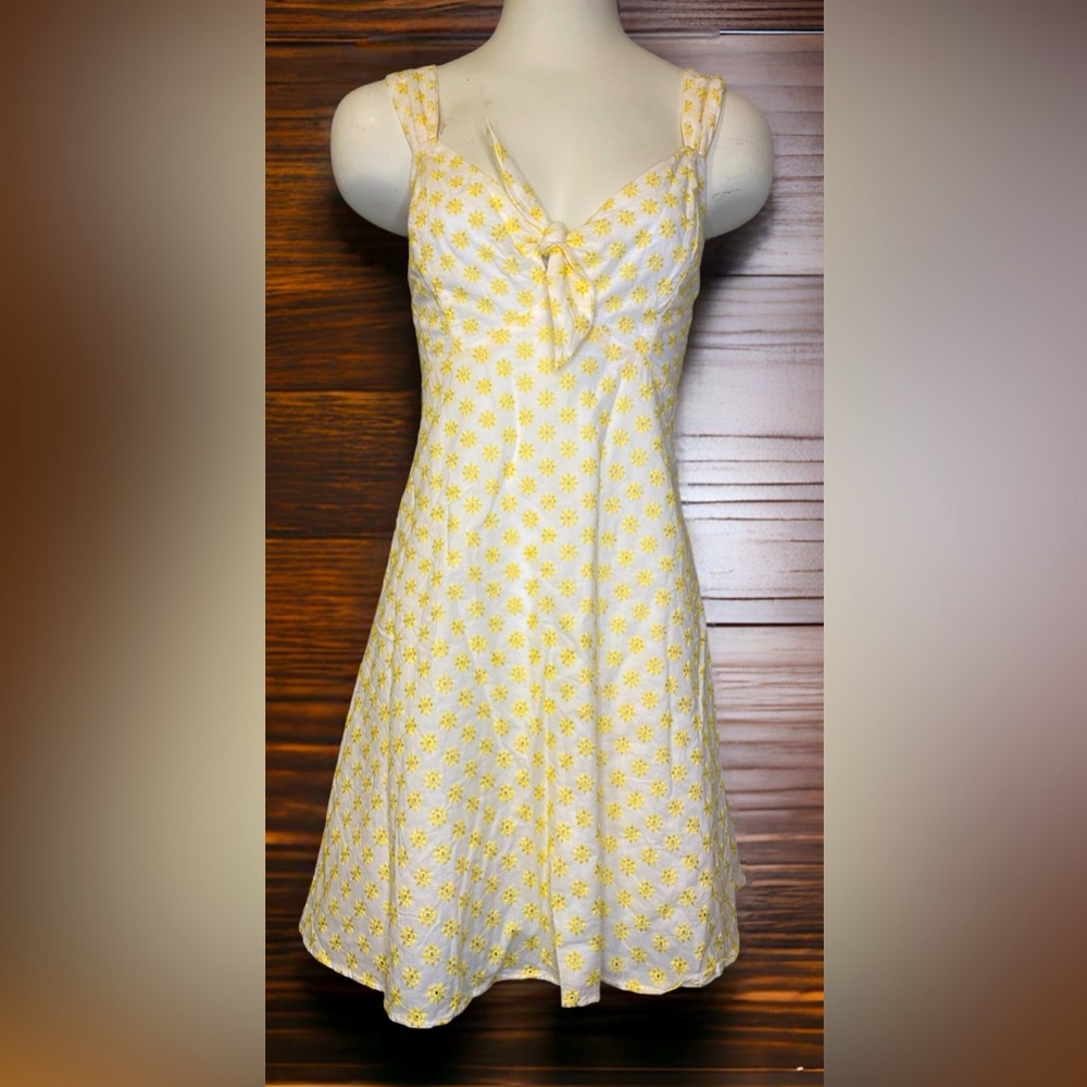 Yellow sunflower keyhole bow lined summer picnic dress, Francesca’s Blue Rain XL
